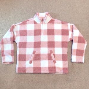 Teddy Bear Faux Fur Plush Sweater Women Large Peach White Checker Board Pullover